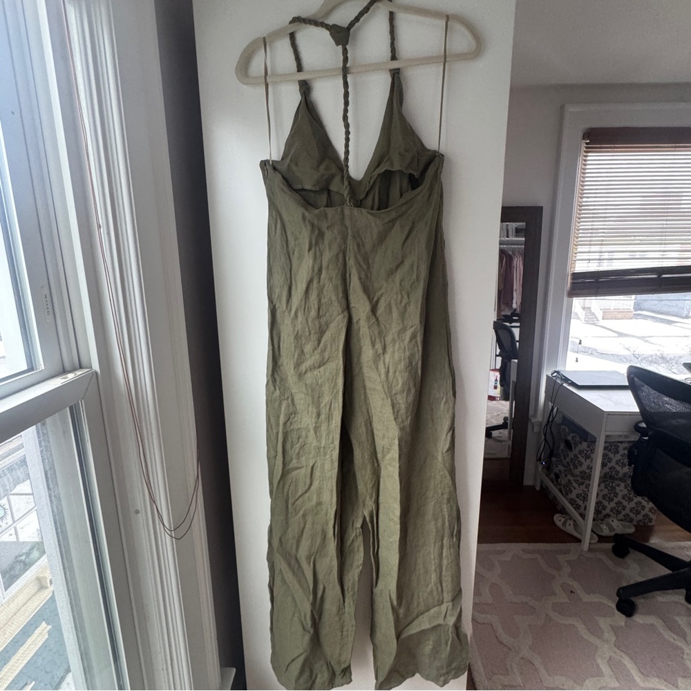 NWT | ZARA 100% LINEN SAGE OLIVE GREEN BRAIDED COVERALL WIDE LEG BOHO JUMPSUIT - Picture 5 of 9